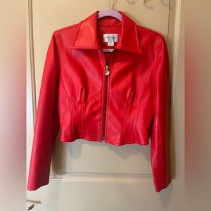 Emanuel Ungaro red leather motto jacket with crystals size 10 44 zipper FINAL